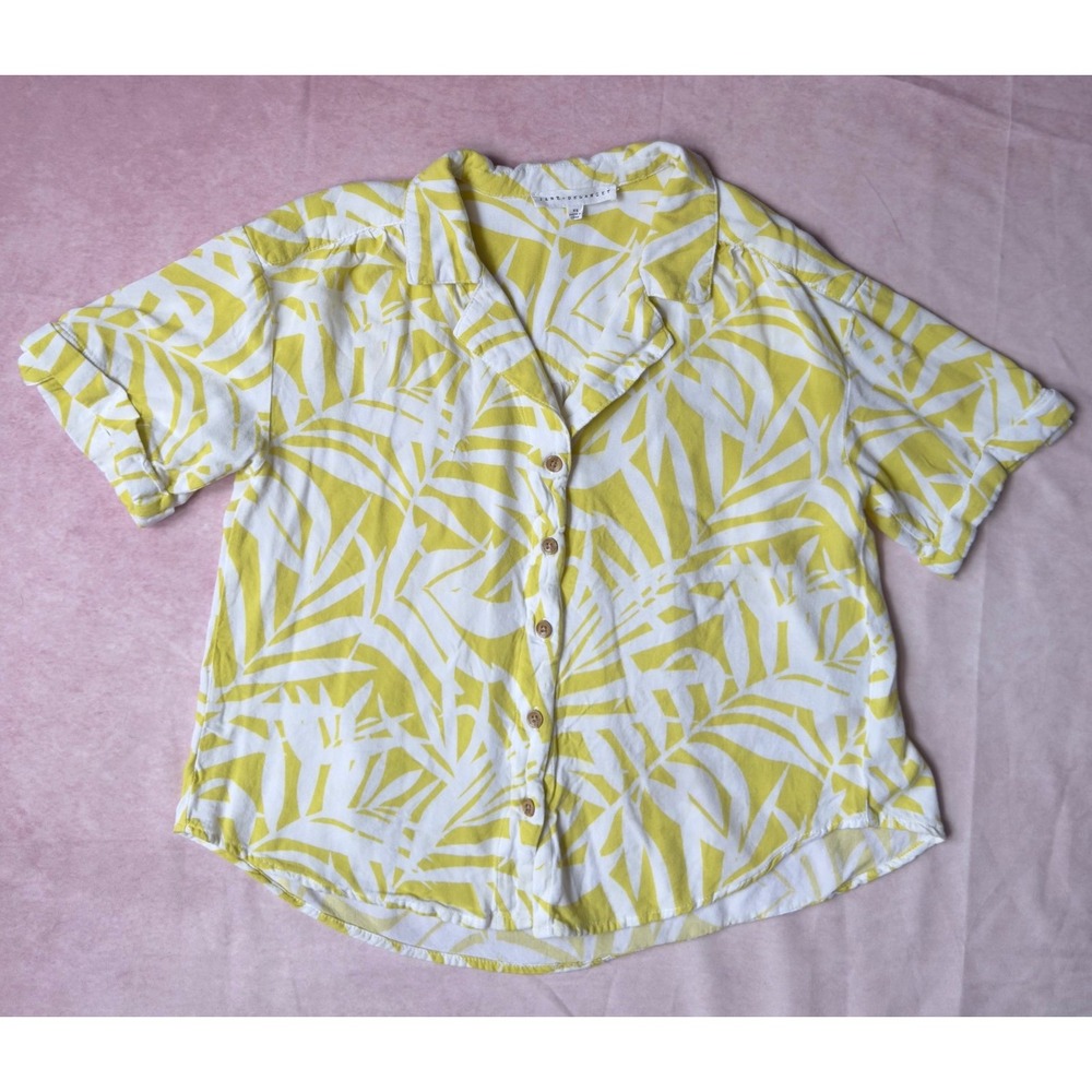 Jane + Delancey Yellow White Palm Leaf Print Short Sleeve Button Down Shirt XS